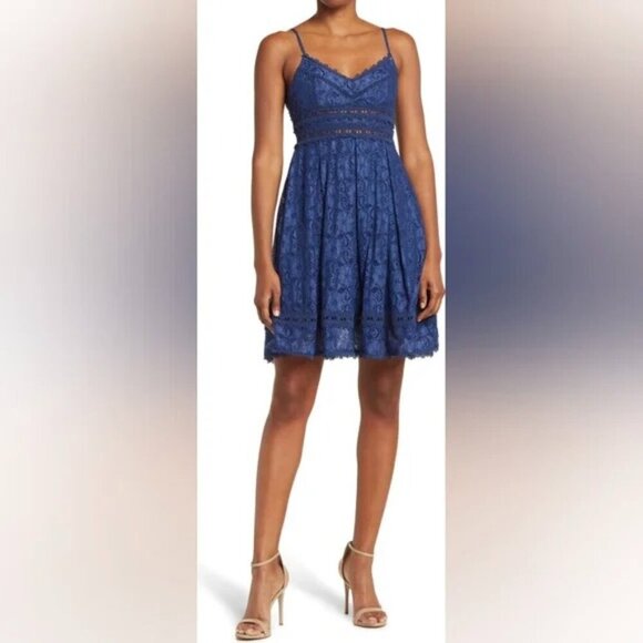 Blue Lace Mini Dress Cocktail Medium - Picture 1 of 14